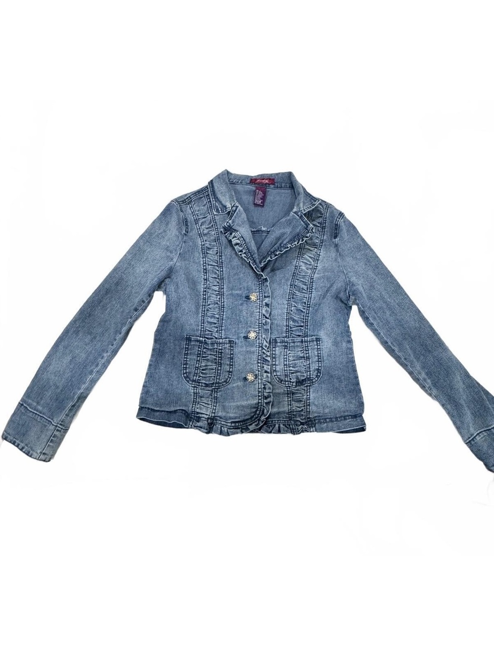 Y2K Jeanbay Ruffle Denim Blazer Jacket Medium Rhinestone Button Western Coquette